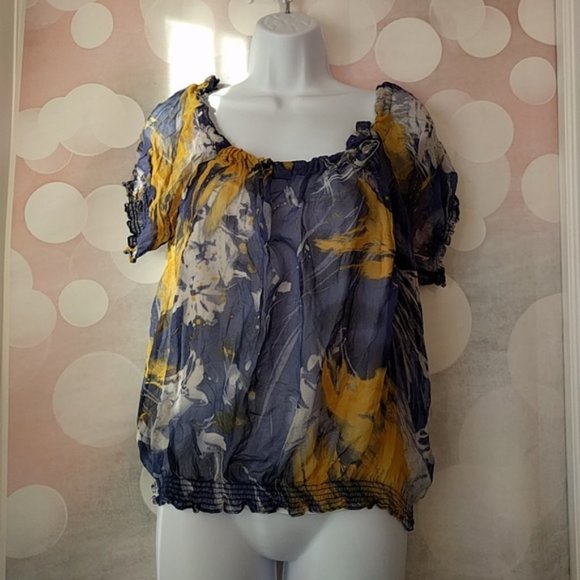 CALVIN KLEIN blue yellow chiffon underlay top blouse S - Picture 2 of 6